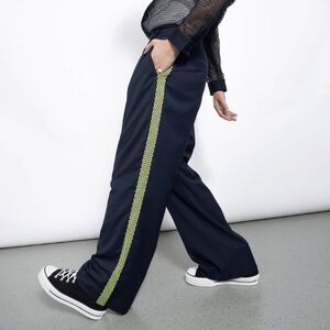 Wildfang The Empower Colorblock Wide Leg Trouser sz 4 | Navy / Neon Green | Mesh